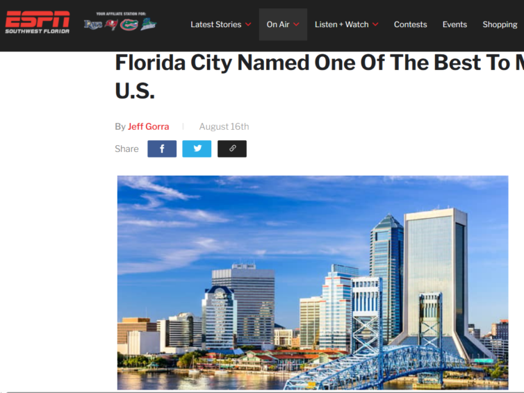 Florida City Named One Of The Best To Move To In The U.S. (ESPN Report)